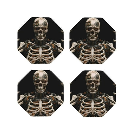 

KLL Drink Coasters Set Octagon of 4 PU Leather Absorbent Coasters Set Decorative Coffee Cup Coasters Housewarming Gift for Home Decor-Cyber Skeleton With Tattoos