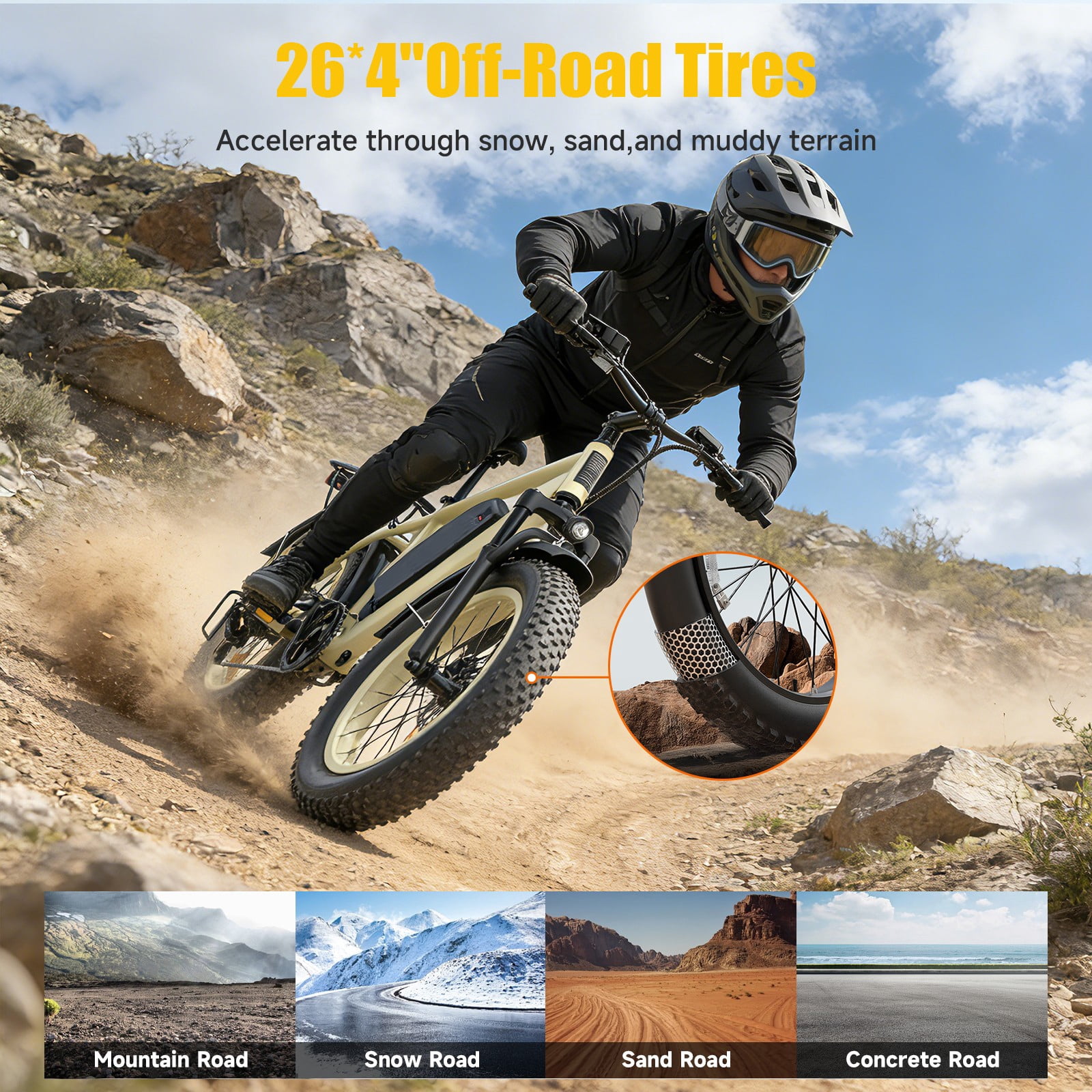 Helokeep Large Frame Electric Bike for Adults - 26" Ebike, 48V 15.6AH UL 2849 Battery, 28MPH, Front Suspension, Adjustable Seat, 330lbs Capacity, Desert Sand