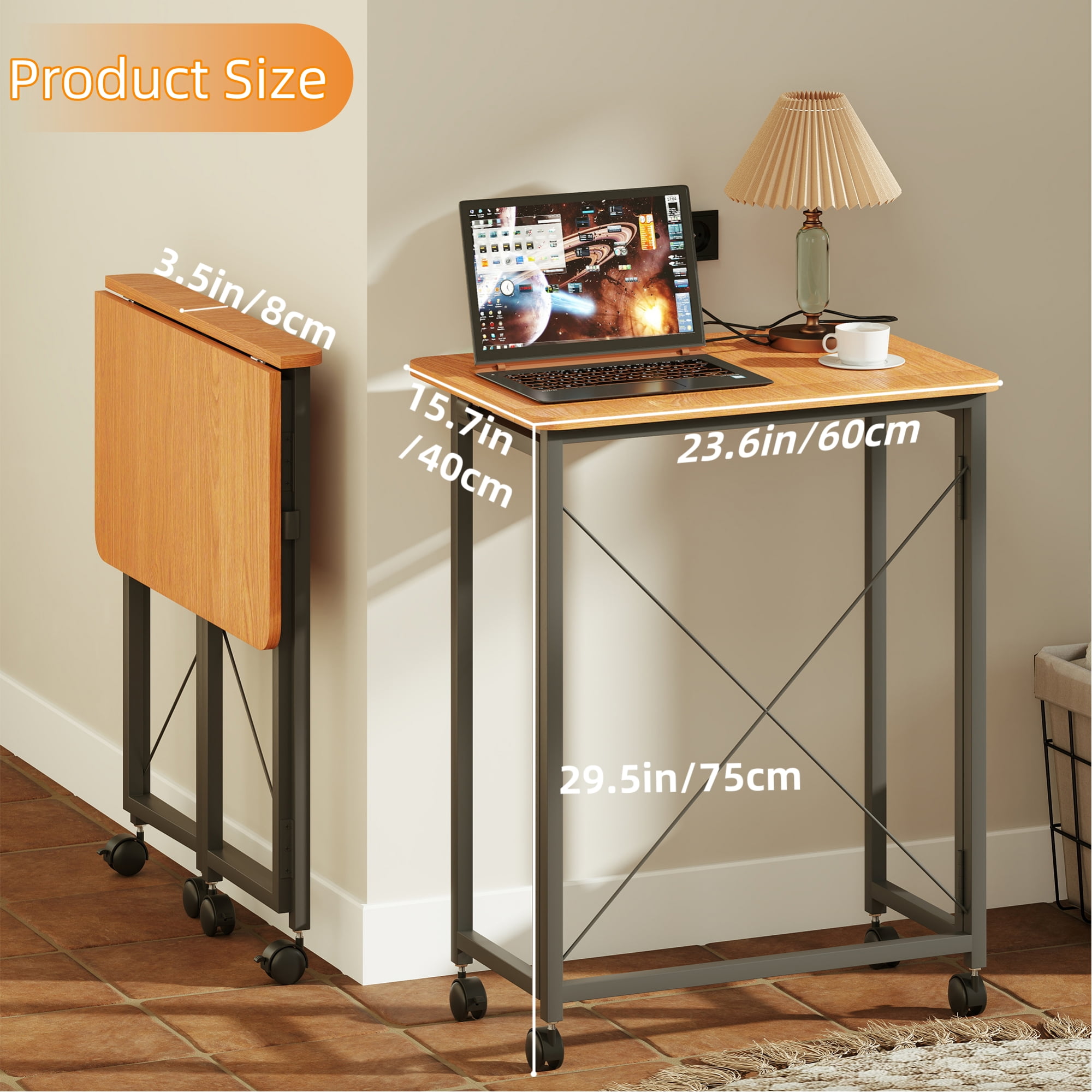 VGBYUJ Folding Desk with Wheels, 23.6" Small Mobile Writing Computer Table, No Assembly, Space Saving Study Desk for Dorm Office Bedroom, Teak Color