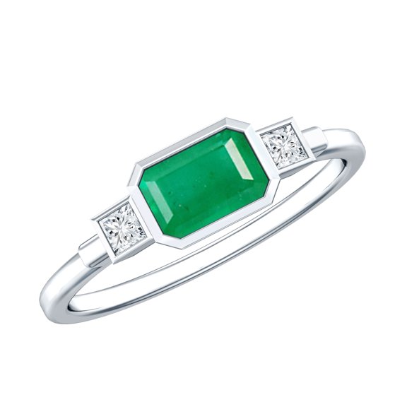 Rosec Jewels Womens Emerald Cut Emerald and Princess Cut Diamond Ring in Bezel Setting, Emerald East West Ring, 925 Sterling Silver, US 4.00