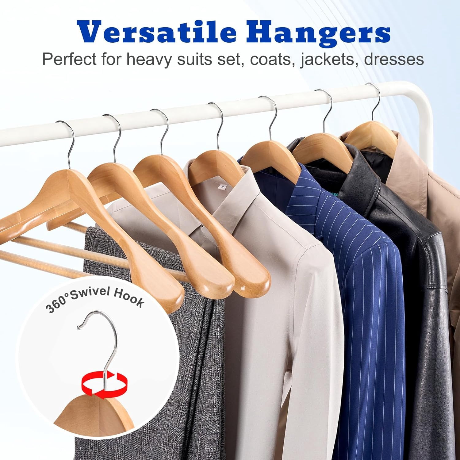 Solid Wood Wide Shoulder Hangers with Non-Slip Pants Bar, 360 °   Swivel Hook for Suits, Dresses, Jackets, and Heavy Clothes - 6 Pack (Walnut Finish)