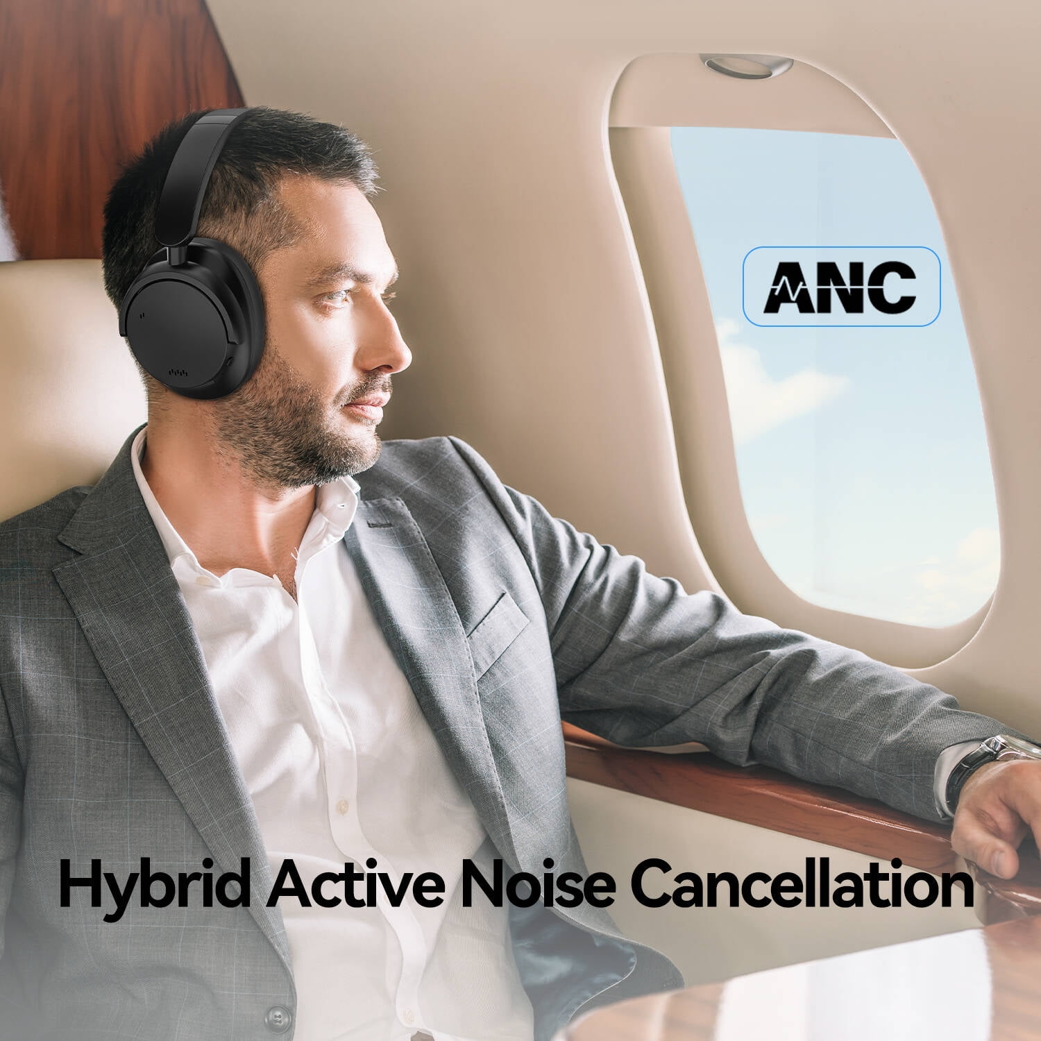 AUSDOM E7 PRO ANC Headphones, Bluetooth 5.3 Over-Ear, 80H Playtime, Hi-Res Audio, Mic - Black