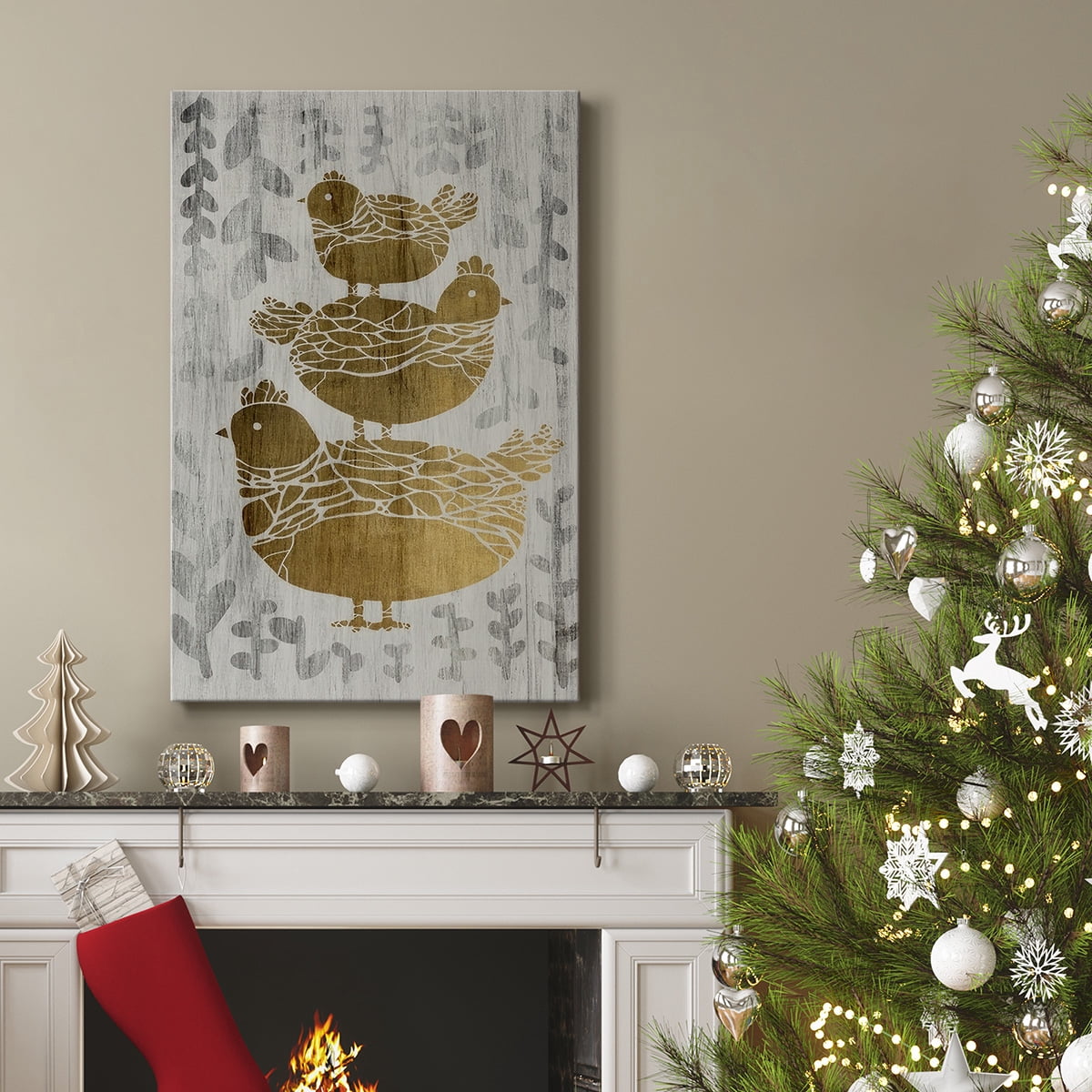 Three French Hens - Gold Leaf Holiday- Gallery Wrapped Canvas