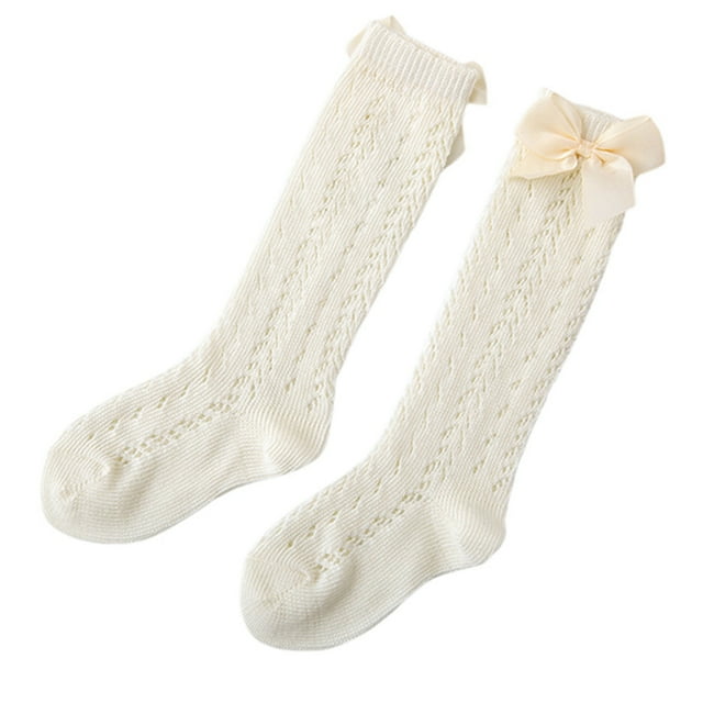 Faithtur Toddler Girls Summer Mesh Socks Solid Color Mid Tube Breathable Hollow Bows Princess Socks