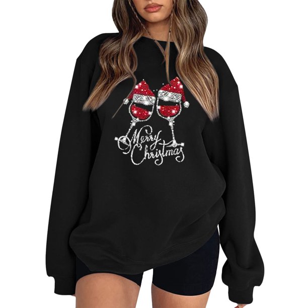 Gibobby Sudaderas para mujer navidad Suéter suelto con estampado de color sólido para mujer, con mangas en los hombros y sin sombrero(Negro,CH)