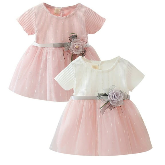 LOVEBAY Summer Toddler Kids Baby Girls Floral Short Sleeve Ribbing Stripe Princess Mesh Dresses Sundress
