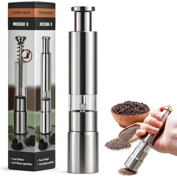Stainless Steel Salt and Pepper Grinder Set – Manual Thumb-Press Refillable One-Handed Grinders with Stand, Small Stainless Steel Pepper Mill for Kitchen & Dining