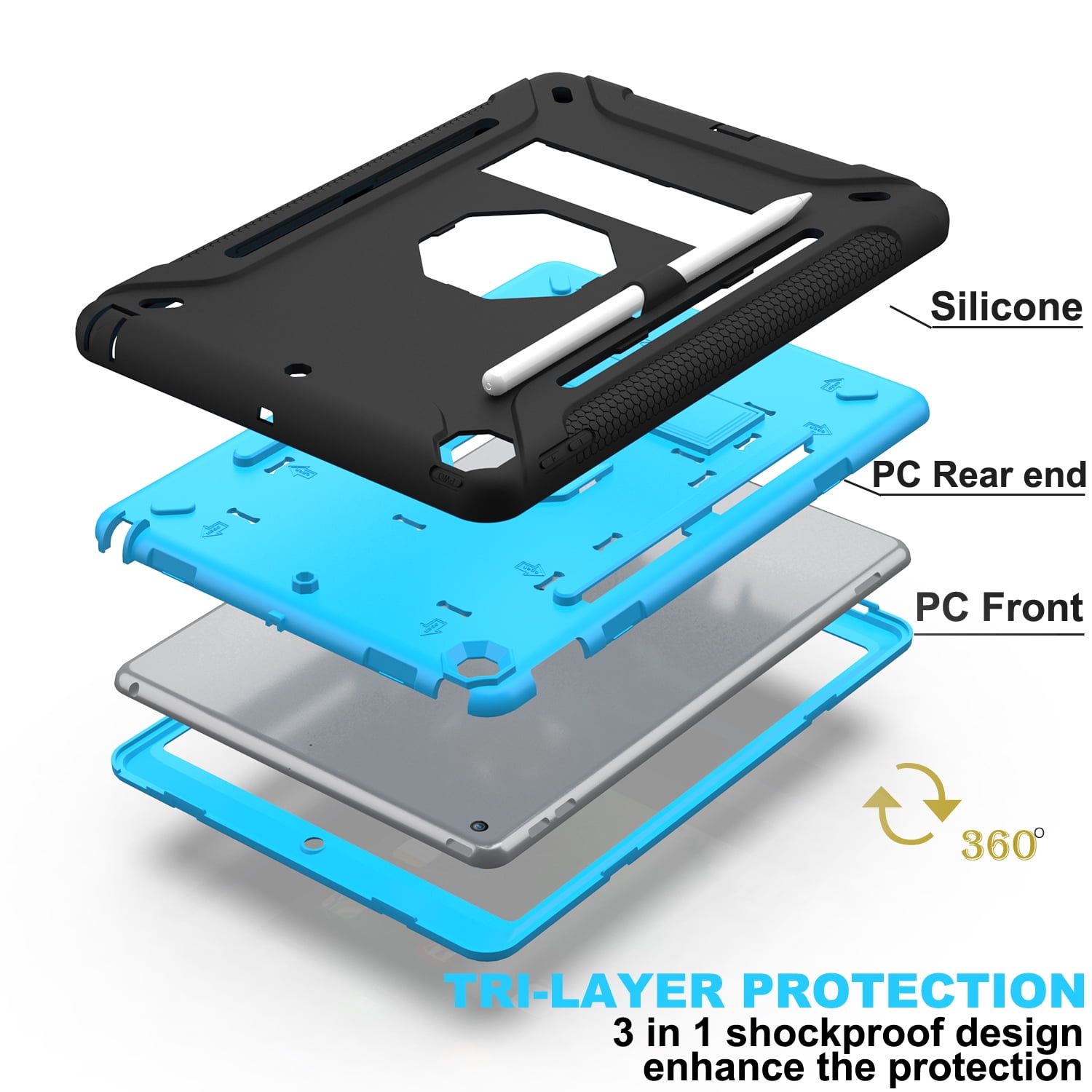 iPad Air 2 Case, iPad 9.7 Case 6th Generation, Dual Layer Shockproof Lightweight Hybrid Rugged Kickstand Protective Cover with Pencil Holder, Black/Blue