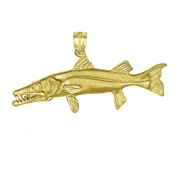 925 Sterling Silver Yellow Gold Plated Necklace w/ Barracuda Fish 3D (3 Dimensional) Solid Pendant
