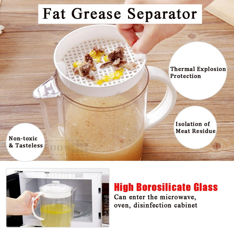 Upkoch 1500ml Fat Separator Measuring Cup Fat Stopper Oil Gravy Separator with Strainer Filter for Home Kitchen (White)