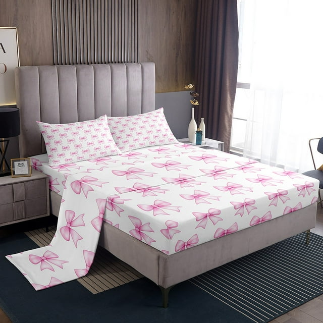 YST Kawaii Bow Knot Full Size Sheet Sets 4pcs, Simple Bows Microfiber Bed Sheets Set, Cute Cartoon Ribbon Printed Kids Girls Bed Set For Bedroom, Pink White Dreamy Bedroom Decor Bedding Set