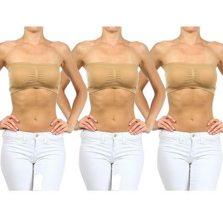 

3 Beige Seamless Bandeau Bra Tube Crop Top Spandex Removable Pads Khaki One Size