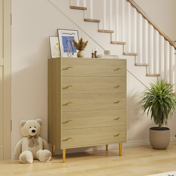 Farmhouse 5 Drawers Dresser for Bedroom, 44 in Tall Dresser Wood Rustic Chest of Drawers with Large Drawers & Bar Handles for Living Room