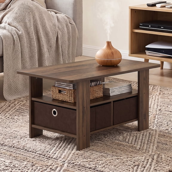 Furinno ANDREY Wood Coffee Table with Bin Drawer in Columbia Walnut/Dark Brown