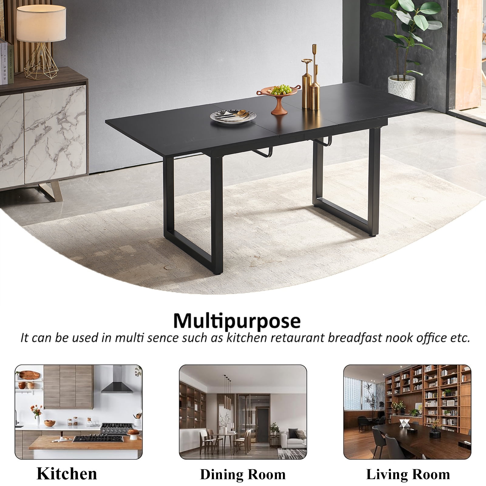 Lecut Extendable Dining Table for 4-8 Person, Extendable from 55" to 71", Modern Rectangle Dining Table with MDF Tabletop and Metal Frame, Expanding Kitchen Table for Home, Office,Black
