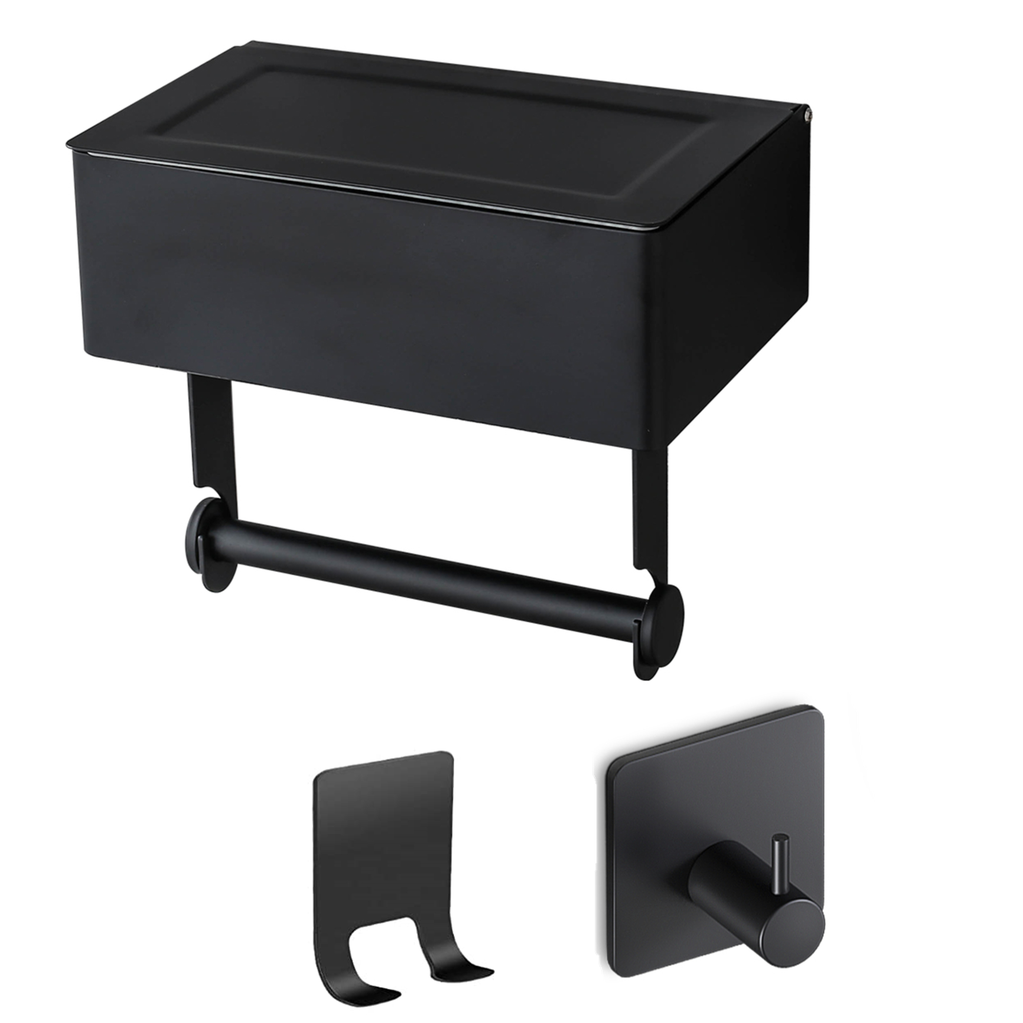 Wall Mount Toilet Paper Holder with Flushable Wipes Storage + 2 Hooks