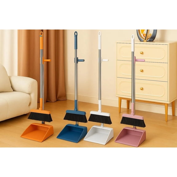 hulanddfd Pink Broom and Dustpan Set, 180 Degree Rotatable Standing Storage Buckle Type Brooms 37.8 inches Long Adjustable Handle Dusts Pan Teeth for Home Office RV