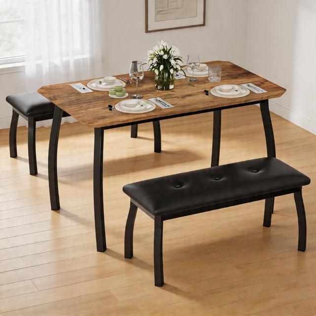 OUTWIND Small Dining Table Set for 4, Dining Table with Bench Leather Upholstered, Industrial Metal Frame Dining Set for 4, for Kitchen Apartment Restaurant, Retro Brown