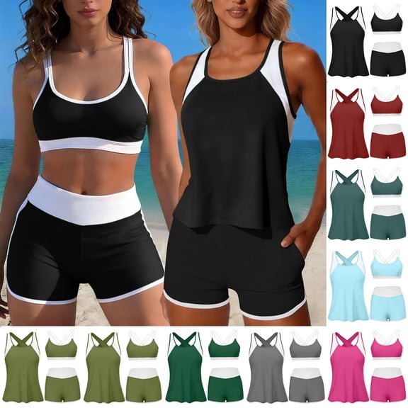 VBVC Women's 3 Piece High Waisted Tankini Set , Athletic Modest Bathing Suit For Women , Ladies' Color Block Workout Swimwear with Pockets,Army Green,S-2XL