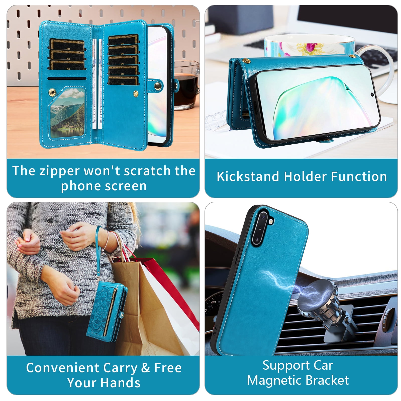 Asuwish Phone Case for Samsung Galaxy Note 10 5G Zipper Wallet Detachable Cell Cover with Tempered Glass Screen Protector Lanyard Strap Flower Flip Card Holder Note10 Notes 10s Ten Not S10 Women Blue