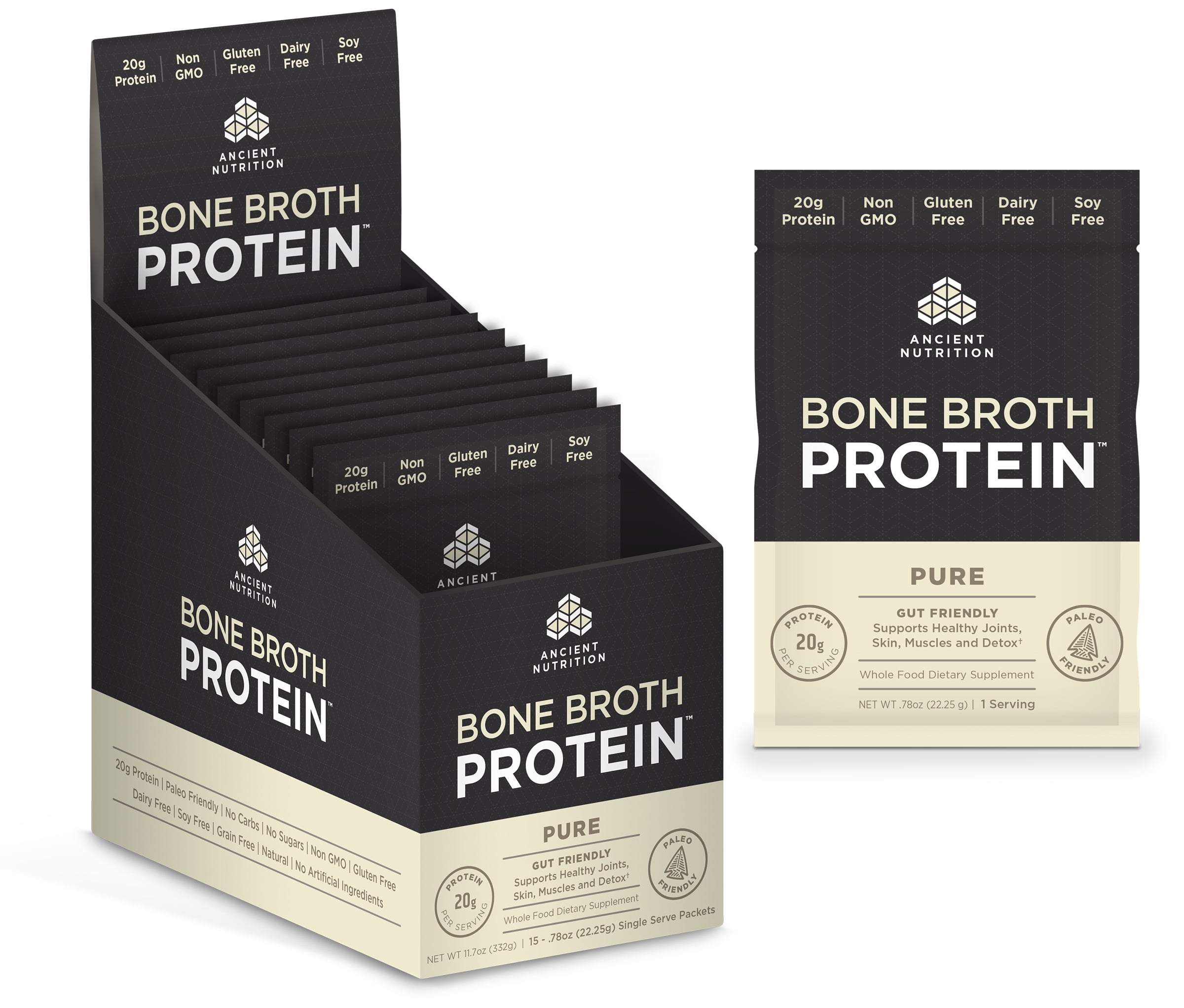 Ancient Nutrition Bone Broth Protein, Pure 15 Packets Gut Friendly