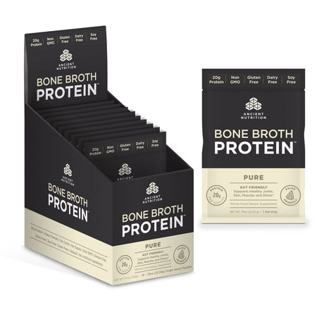 Ancient Nutrition Bone Broth Protein, Pure - 15 Packets | Gut Friendly