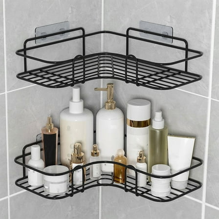 Ranliy Corner Shower Caddy, 1 Pack Adhesive Organizer with Hooks, Shelf for Inside Shower, Metal Rack Bathroom Storage, Bathtub, No Drilling Shower Organizer Corner