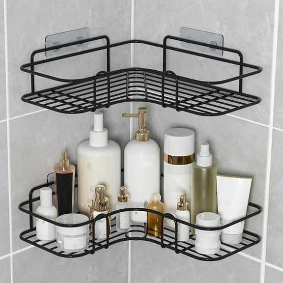 Ranliy Corner Shower Caddy, 1 Pack Adhesive Organizer with Hooks, Shelf for Inside Shower, Metal Rack Bathroom Storage, Bathtub, No Drilling Shower Organizer Corner