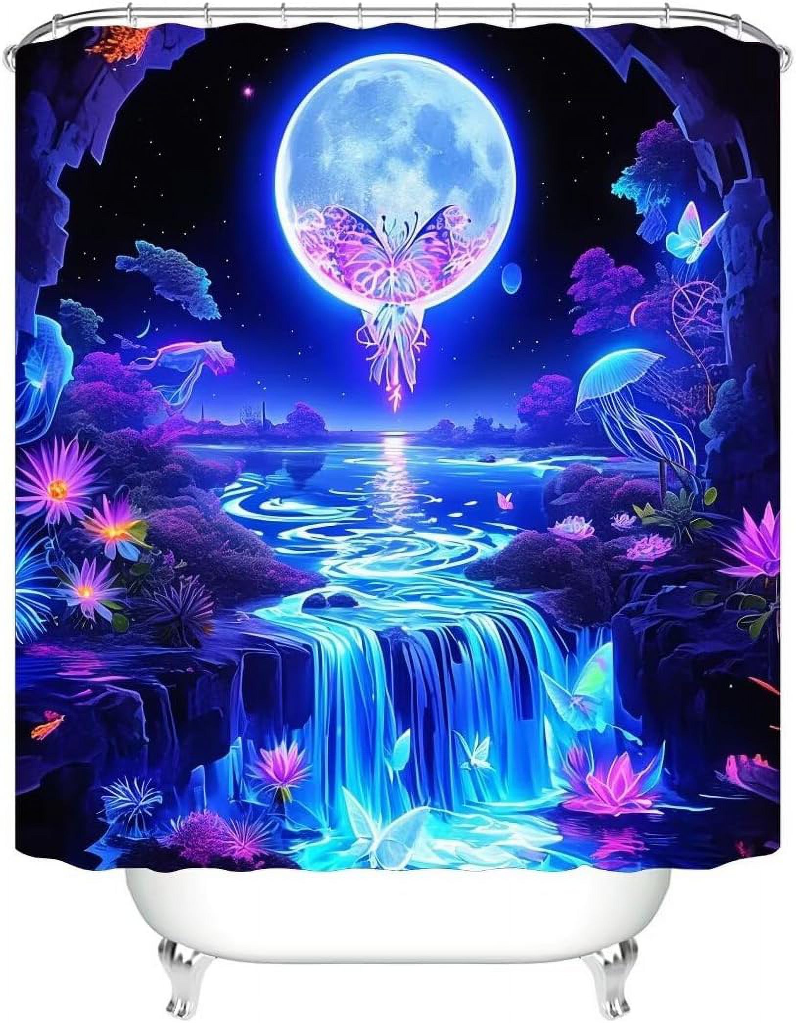 4PCS Mushroom Bathroom Shower Curtain Set with Rugs, Toilet Lid Cover and Bath Mat, Moon and Stars with 12 Hooks, Durable Bathroom Decor Set 701.9x70.9in