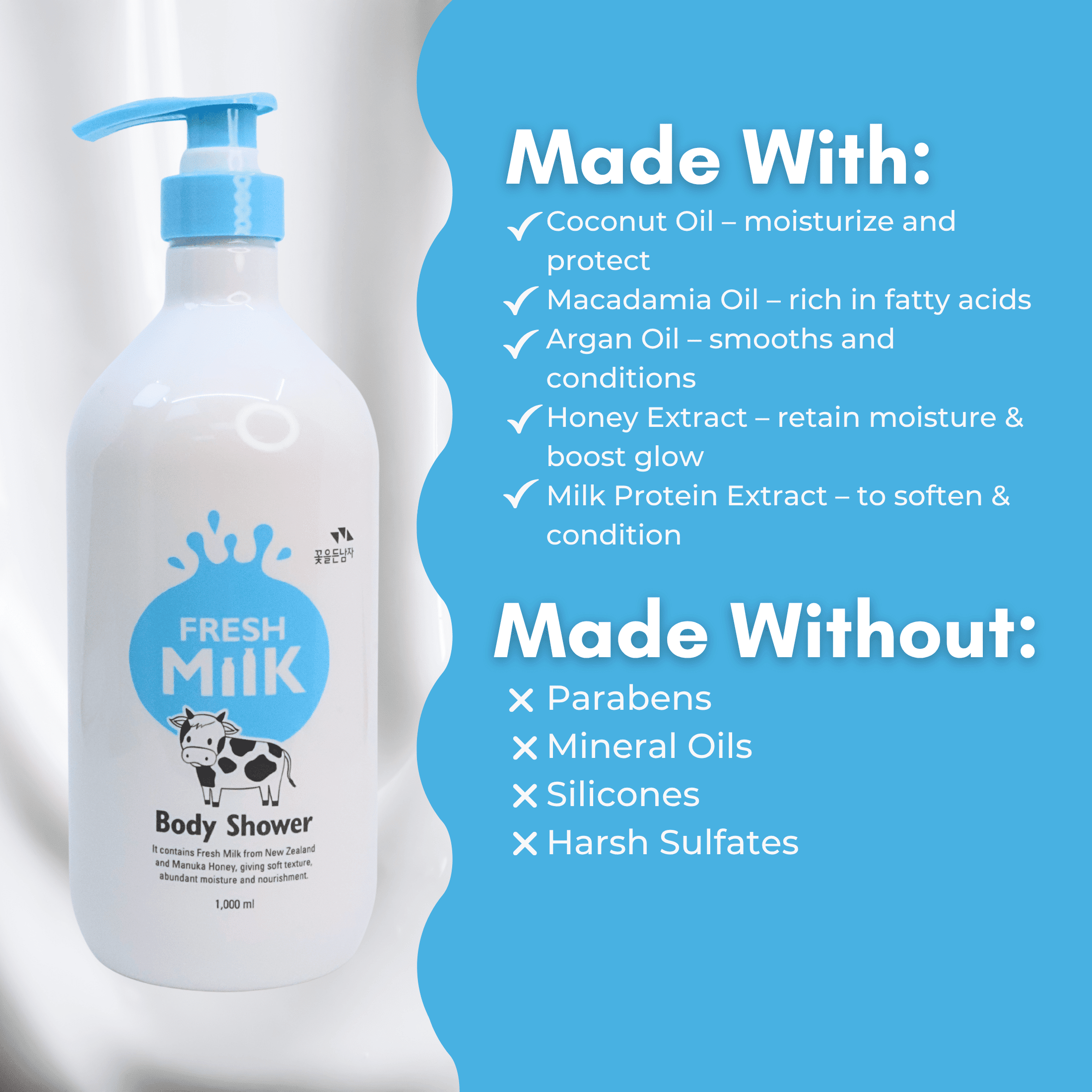 Flor de Man Fresh Milk Body Wash with Milk Protein, Coconut Oil & Manuka Honey – Nourishing, Moisturizing Daily Cleanser for All Ages