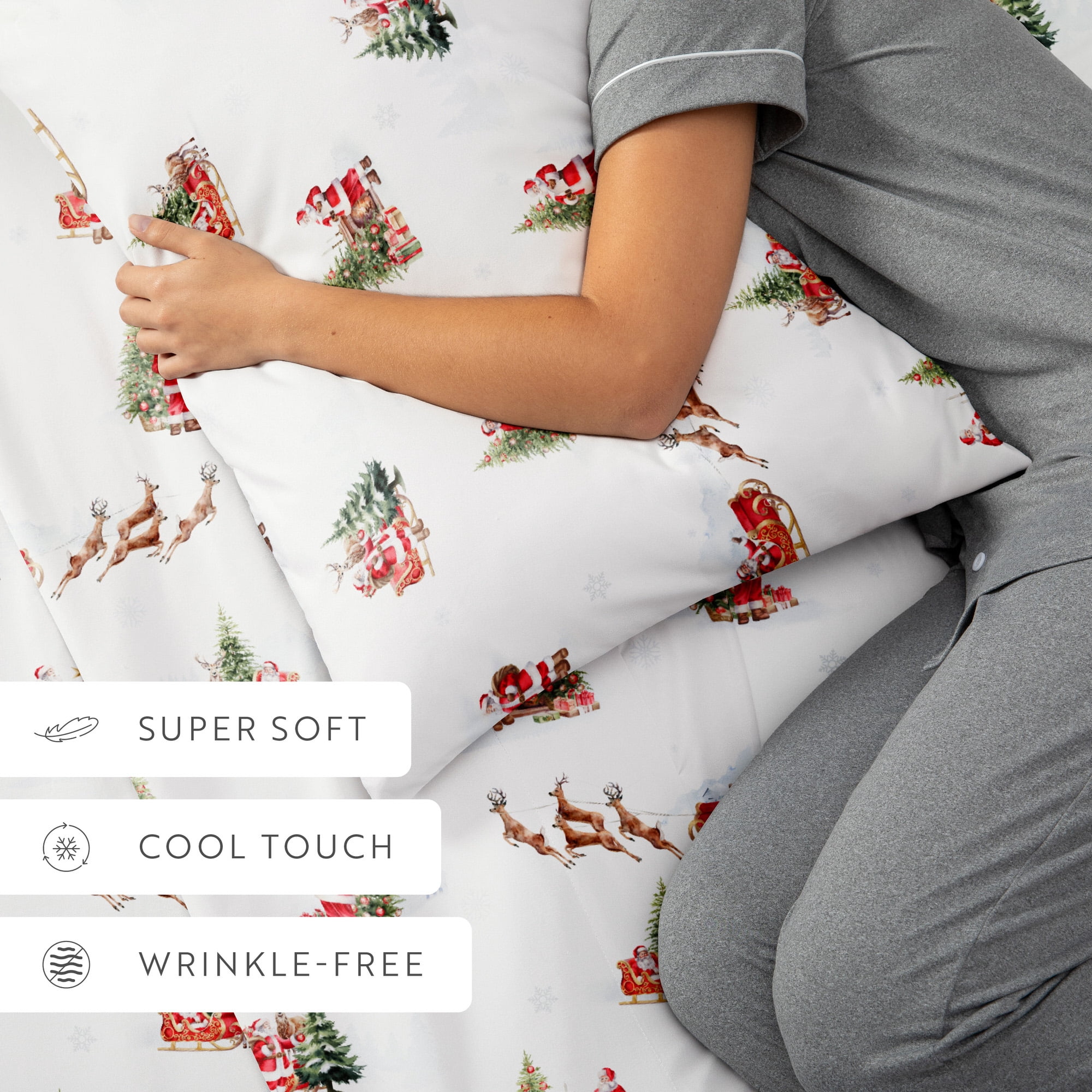 Noble Linens 4 Piece Holiday Microfiber Bed Sheet Set, Vintage Santa, Queen