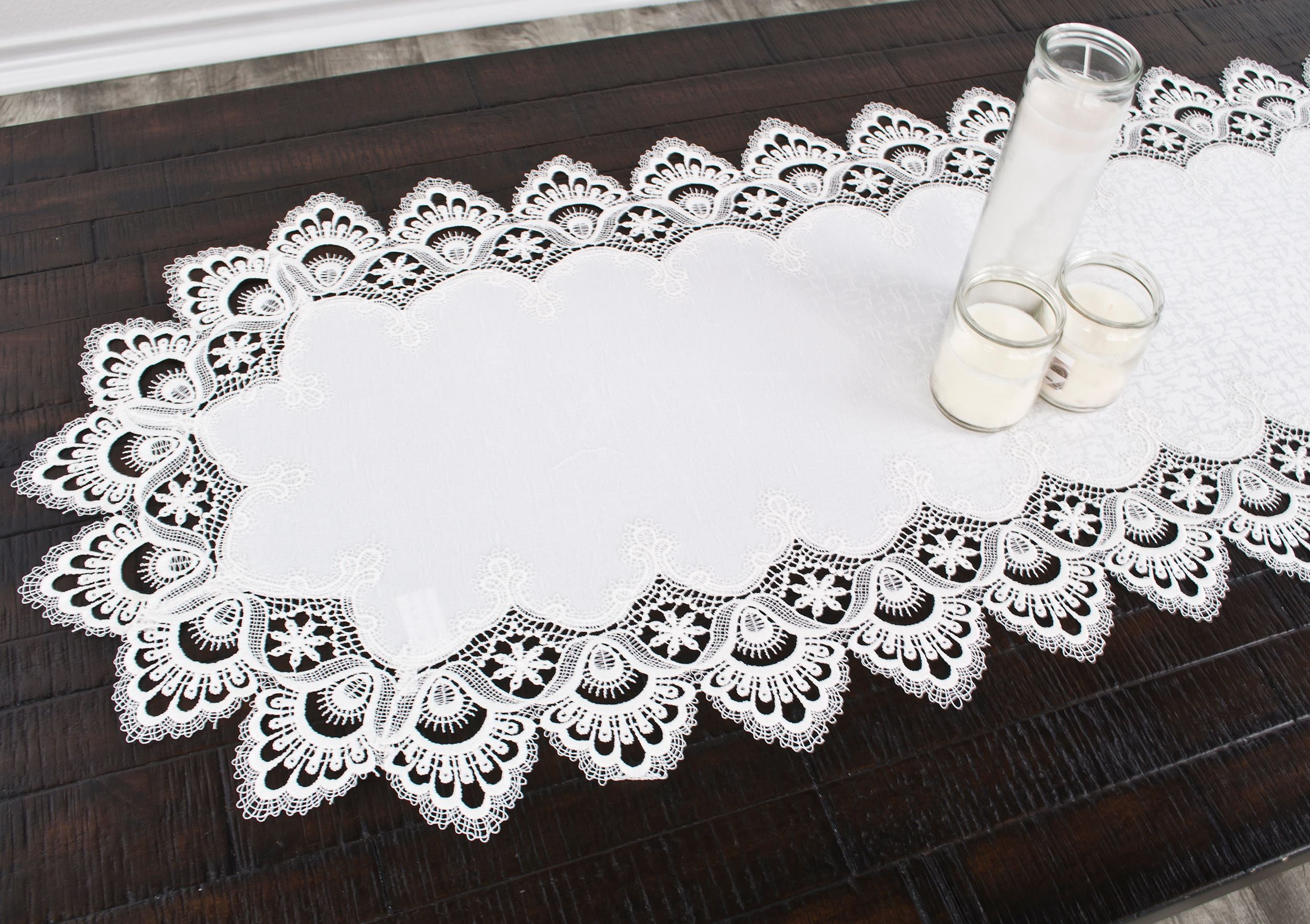 White European Lace and Antique Jacquard Fabric Table Runner (14" x 27" | 16" x 35"/44"/54" 14"x70")