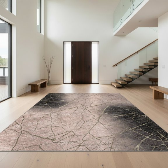 Design&I 8'x10' Washable Area Rug Sleek Flatweave Pet Friendly Abstract Blush Cracked Motif Veining Veined Swirls Gilded Pink Flowing Dynamic for King Size Bedroom, Under Bed