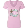 thumbnail image 3 of Inktastic Easter He Has Risen with Cross and Flowers Women's V-Neck T-Shirt, 3 of 5