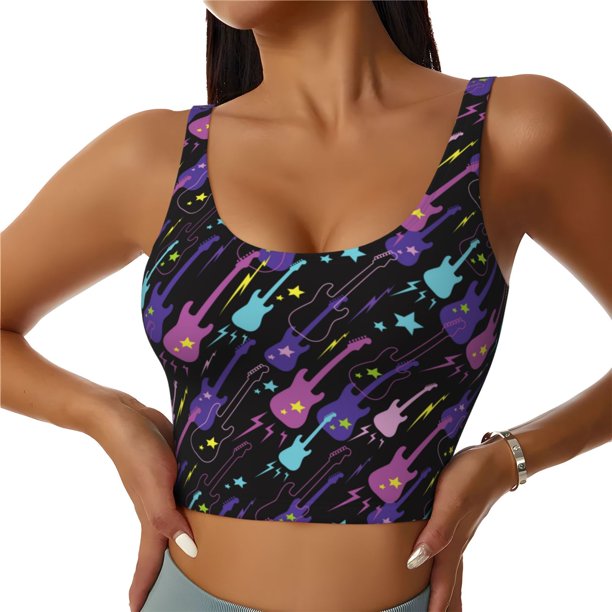 Balery Colorful Guitar Sujetadores deportivos con espalda cruzada para mujer, acolchados, sin costuras, de alto impacto, ideales para yoga, gimnasio, entrenamiento y fitness.-Large