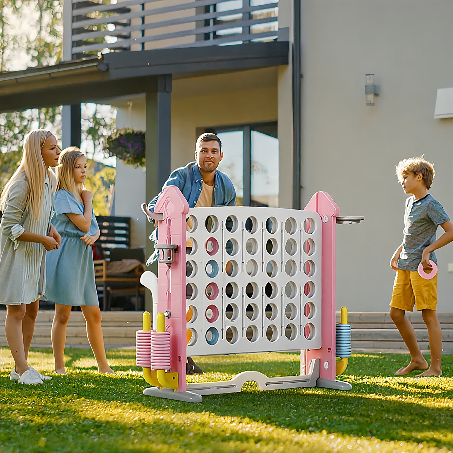 UNICOO Giant 4 in A Row Game with Carry Bag, Basketball Hoop, Ring Toss Game, 4-to-Score Game | Large Outdoor Yard Game, Parties & Gatherings Games (Pink & White)