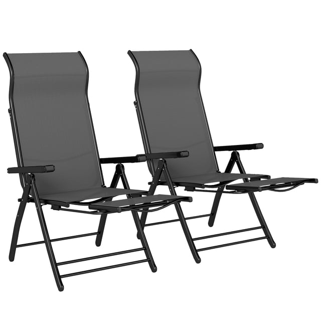Ensemble de 2 Chaises Longues Pliantes pour Patio, Chaises de Terrasse d'Extérieur Inclinables à 5 Positions avec Repose-Pieds Rétractable, Maille Respirante et Cadre en Acier, Gris Foncé, pour Piscine, Cour Ou Camping