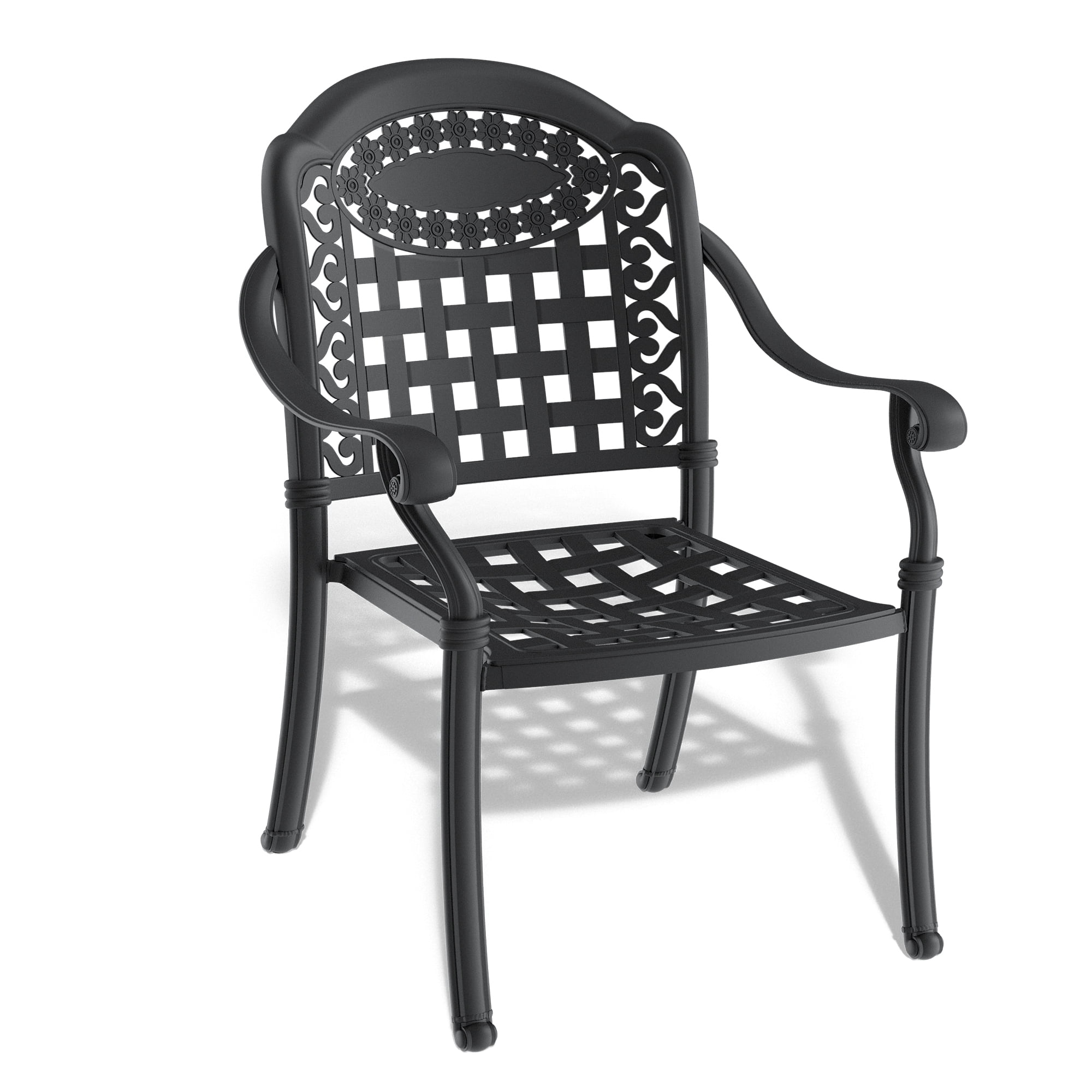 Cast Aluminum Patio Dining Chairs Set of 2 with Black Frame and Blue Cushions for Garden Deck, Black
