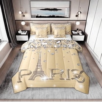 Paris Comforter Set King for Women,Girly Glitter Eiffel Tower Bed in A Bag for Valentine's Day Gift,(Not Real)Diamond Bed Sets with Sheet Set and Cushion Cases,7 Piece