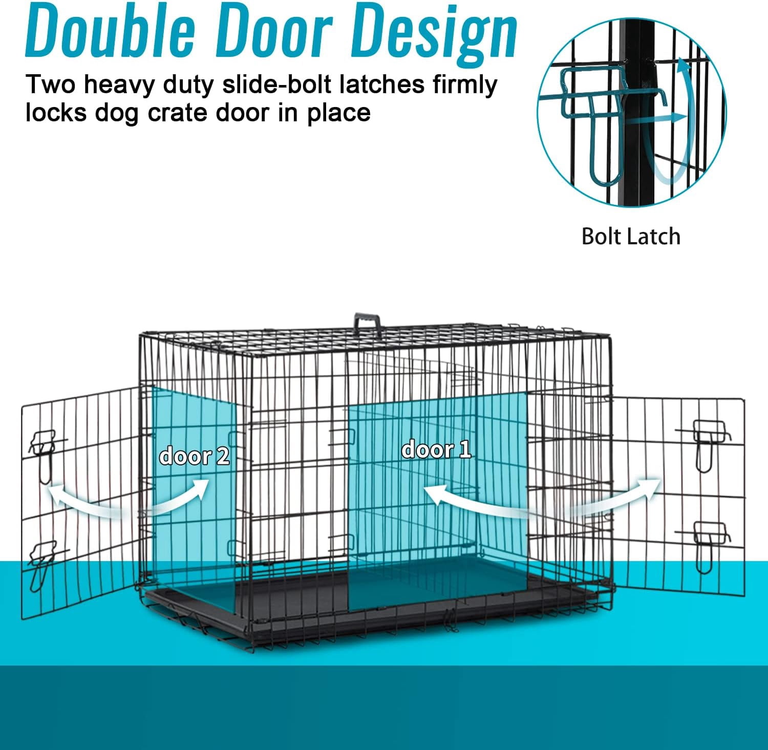 FDW 24 inch Foldable Metal Dog Crate for Small Dogs, Double Door, Divider, Removable Tray(Black)