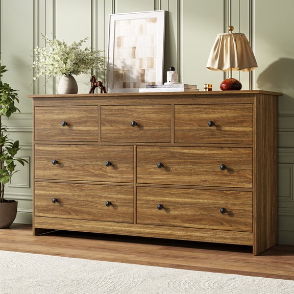 ASTUVIA 7 Drawer Dresser for Adult - Wide TV Stand with Anti-Tip Metal Rails for Bedroom Living Room,Brown