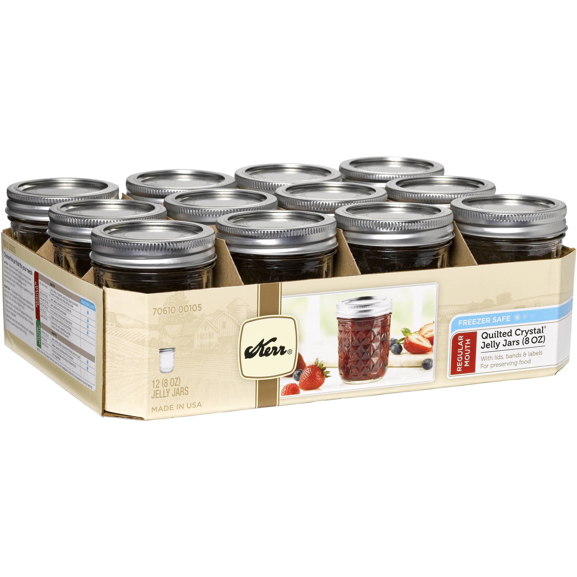 Kerr Quilted Crystal Jelly Jars, 8 Ounces, Pack of 12