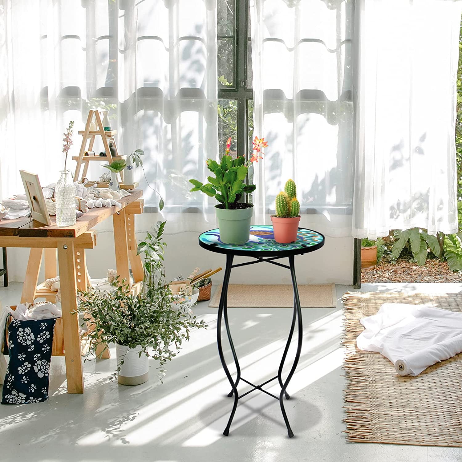 Patio Side Table Outdoor Mosaic Table Accent Coffee Table,Plant End Table Small Porch Peacock Table Indoor,Round Glass Balcony Small Porch Plant Table Stands for Garden Patio Living Room 14 Inch