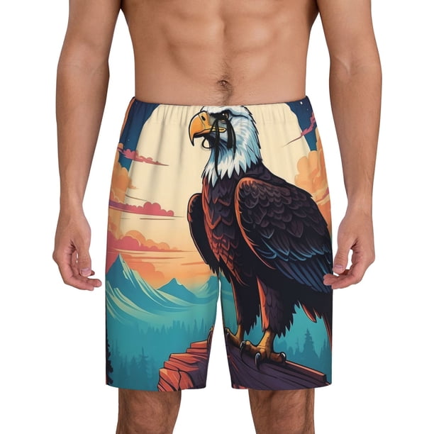 Balery Cartoon Iceberg Bald Eagle Pantalones cortos de pijama de punto de algodón para hombre con cinturilla y bolsillos-Small