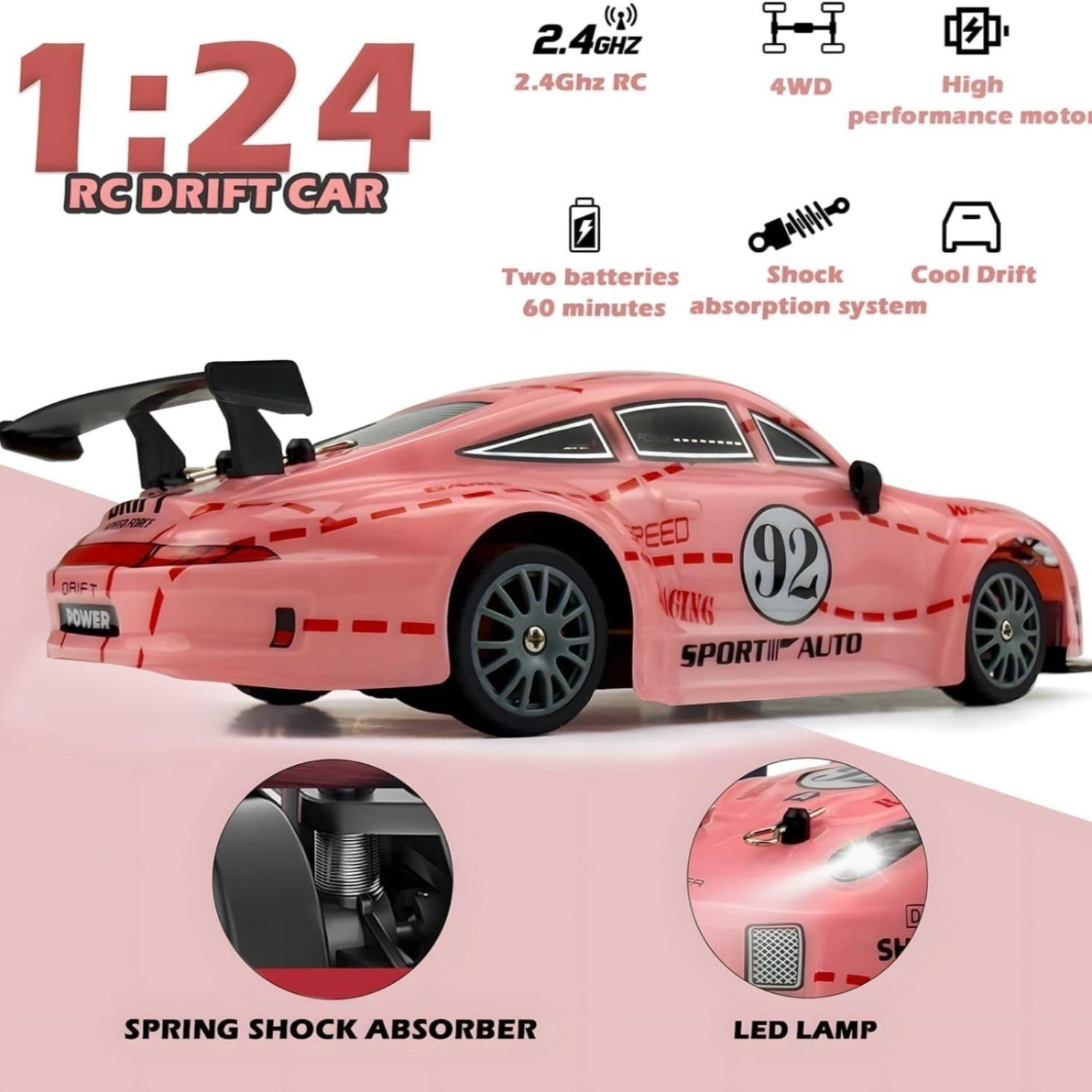 Pink RC Drift Car , 1:24 Scale 4WD High Speed Remote Control Car with 2.4GHz, LED Lights & 2 Batteries, Racing Toy Christmas game