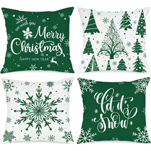 Christmas Throw Pillow Covers 20x20 Set of 4, Merry Christmas Winter Xmas Snowflake Decorative Holiday Cushion Pillow Cases 20 x 20 for Outdoor Indoor Farmhouse Home Room Couch Decor (Green)