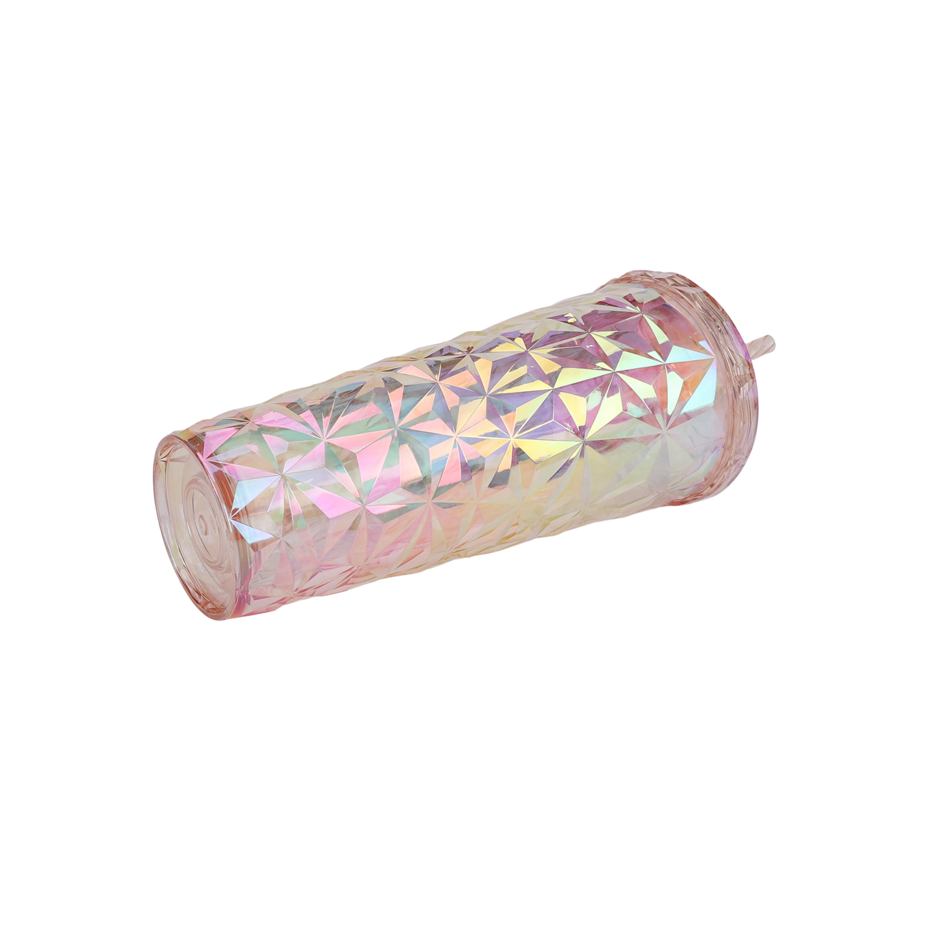Holiday Time 26 oz Plastic Double Wall Insulated Prismatic Textured Tumbler with Straw, Pink Iridescent