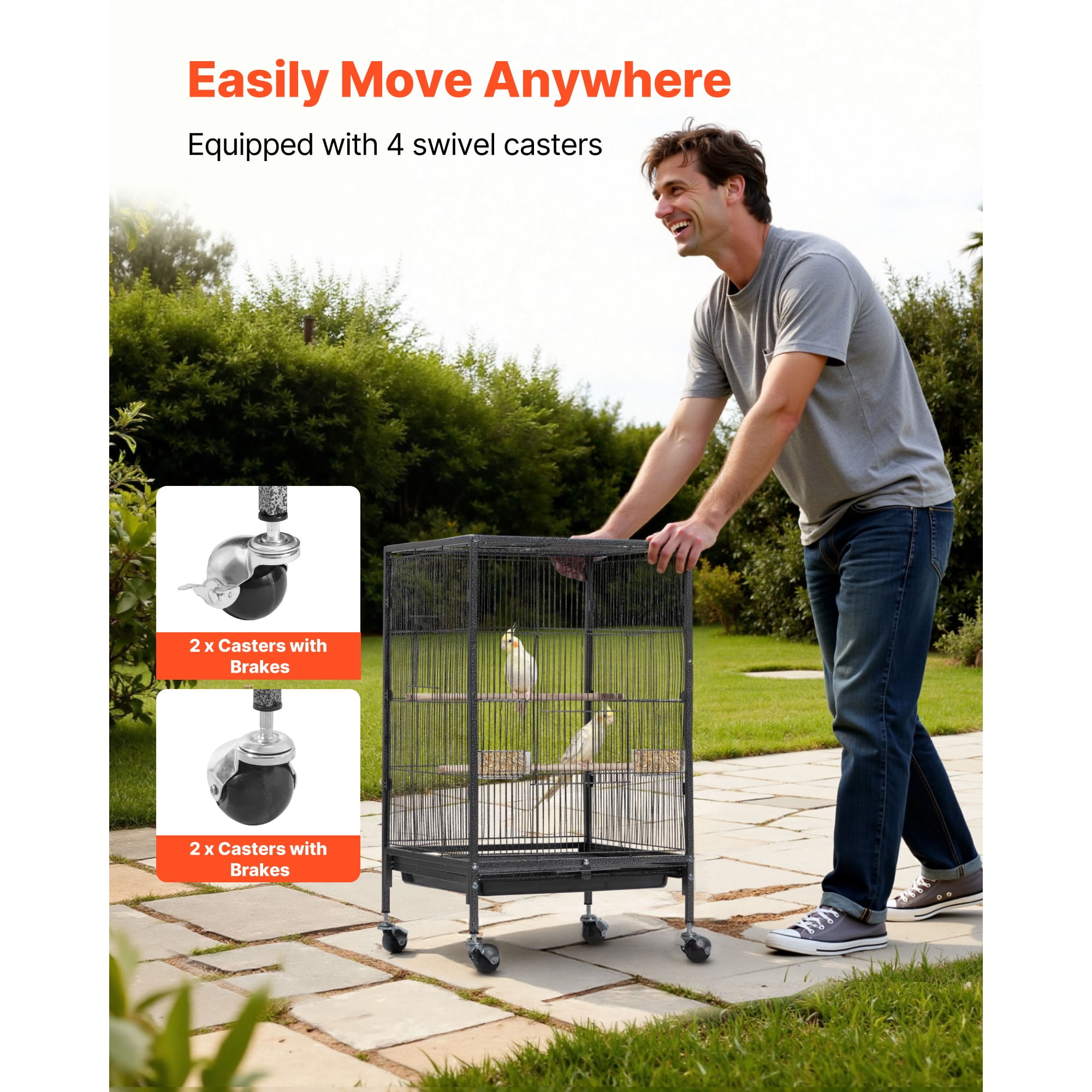 KFFKFF Bird Cage, 18 x 18 x 30 inch, Open Flat Top Design, Durable Wrought Iron Construction with Perches, Removable Tray, Feeders, and Wheels, Suitable for Parrots, Blue Tits, Cockatiels, Canaries