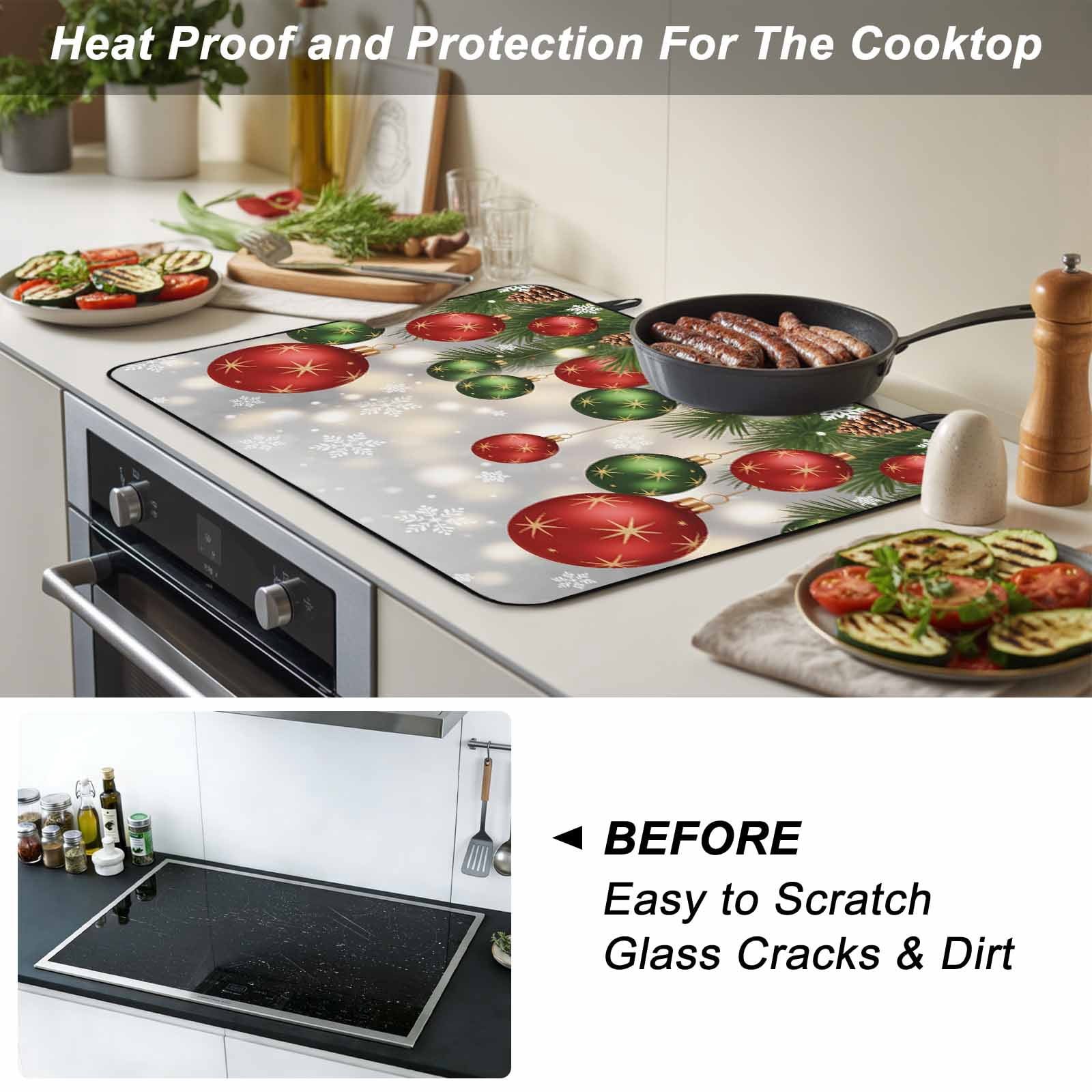 Red Green Balls Christmas Stove Top Cover for Electric Stove, Heat-proof & Non Slip Glass Top Stove Cover Protector, Xmas Pine Needle Snowflake Kitchen Flat Cooktop Rubber Mat 24x21 Inches