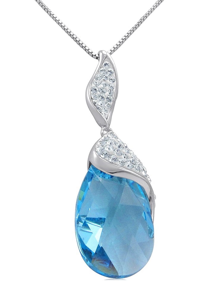 Amanda Rose Sterling Silver Aqua Blue Crystal Tear Drop Pendant
